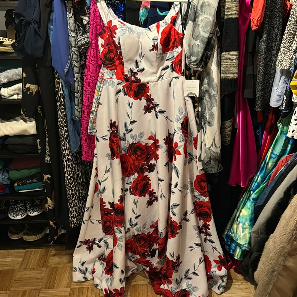 Beautiful off the shoulder, fit and flare, floral gown, size 3